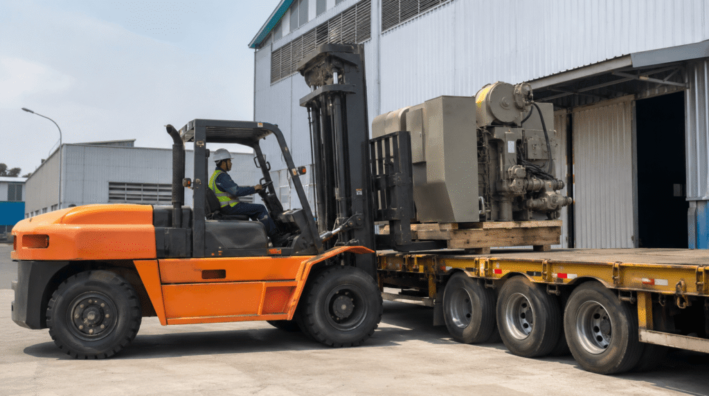 Forklift menurunkan mesin dari trailer di area pabrik Karawang