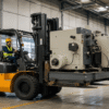 Forklift memindahkan mesin industri di dalam area pabrik