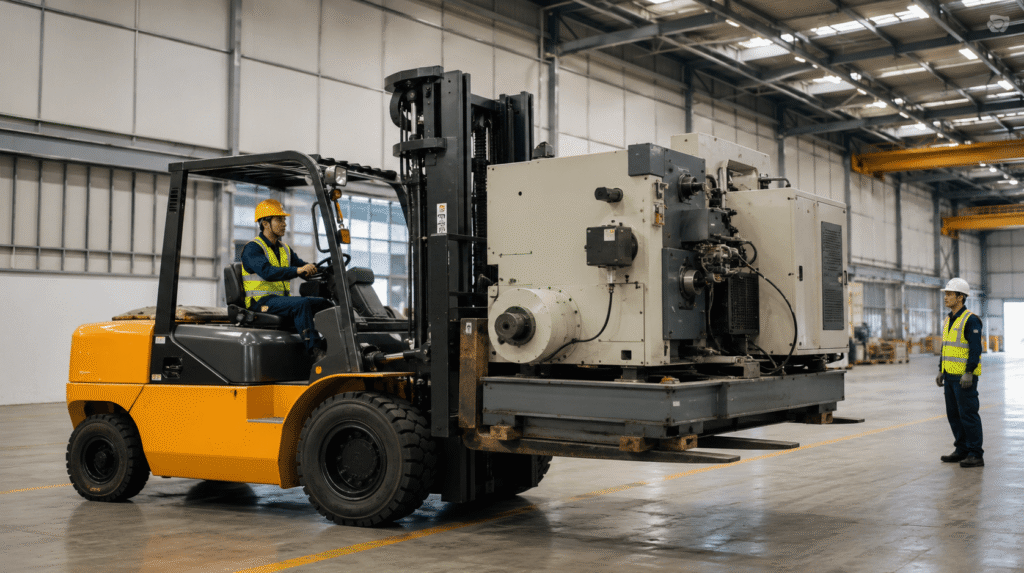 Forklift memindahkan mesin industri di dalam area pabrik