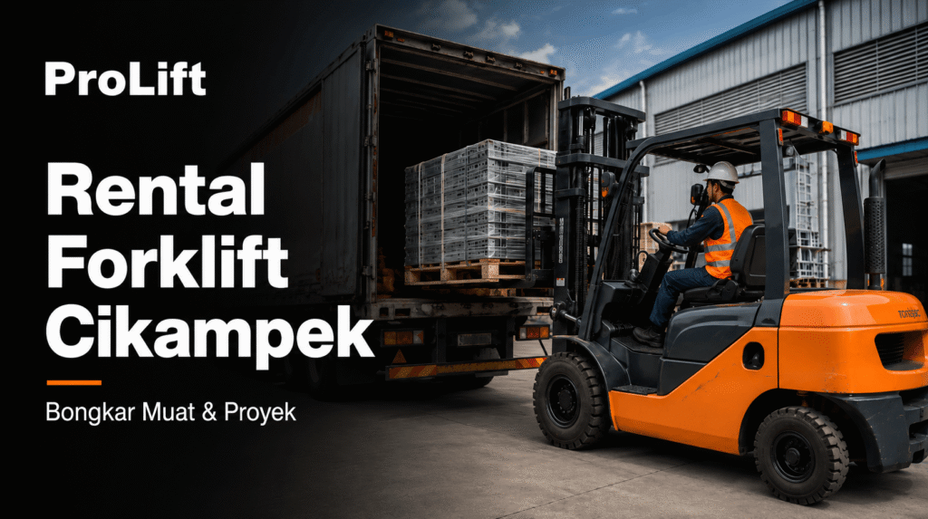 Forklift menurunkan pallet material di area proyek Cikampek