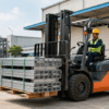 Forklift diesel memindahkan material di area pabrik Karawang