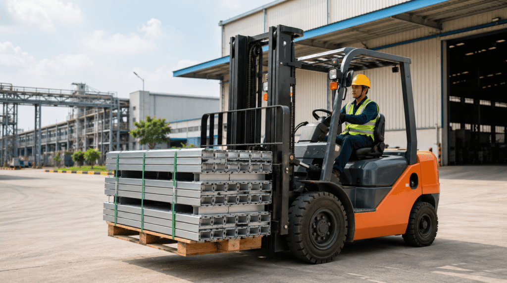 Forklift diesel memindahkan material di area pabrik Karawang