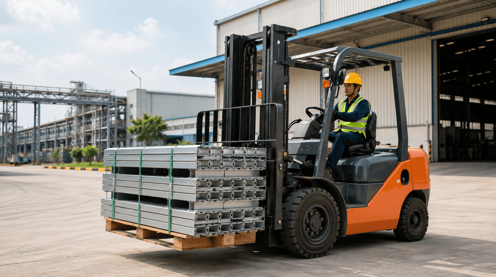 Forklift diesel memindahkan material di area pabrik Karawang